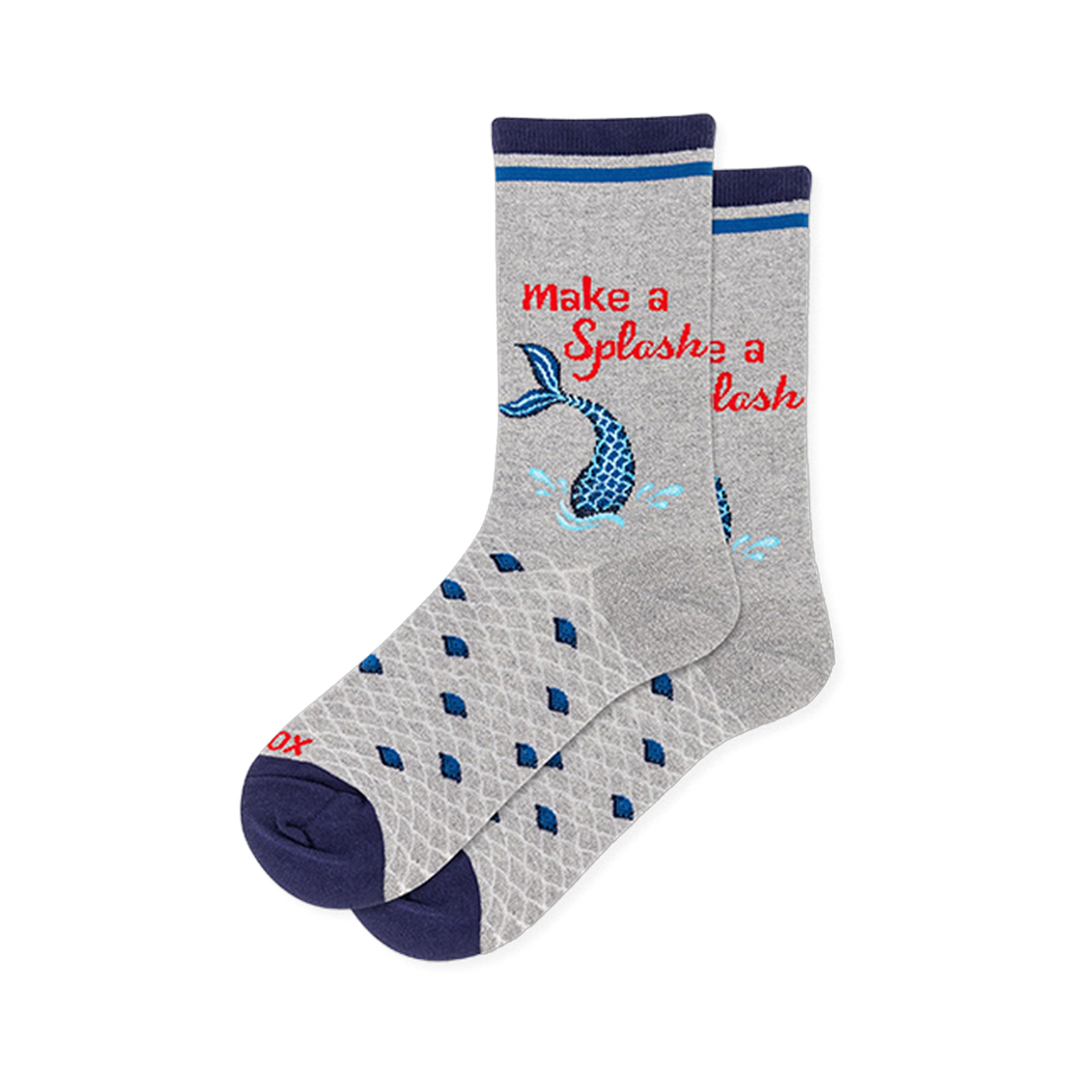 Light gray crew socks with a blue mermaid tail splashing, red Make a Splash text, gray scale patterns, and navy accents.