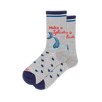 Light gray crew socks with a blue mermaid tail splashing, red Make a Splash text, gray scale patterns, and navy accents.
