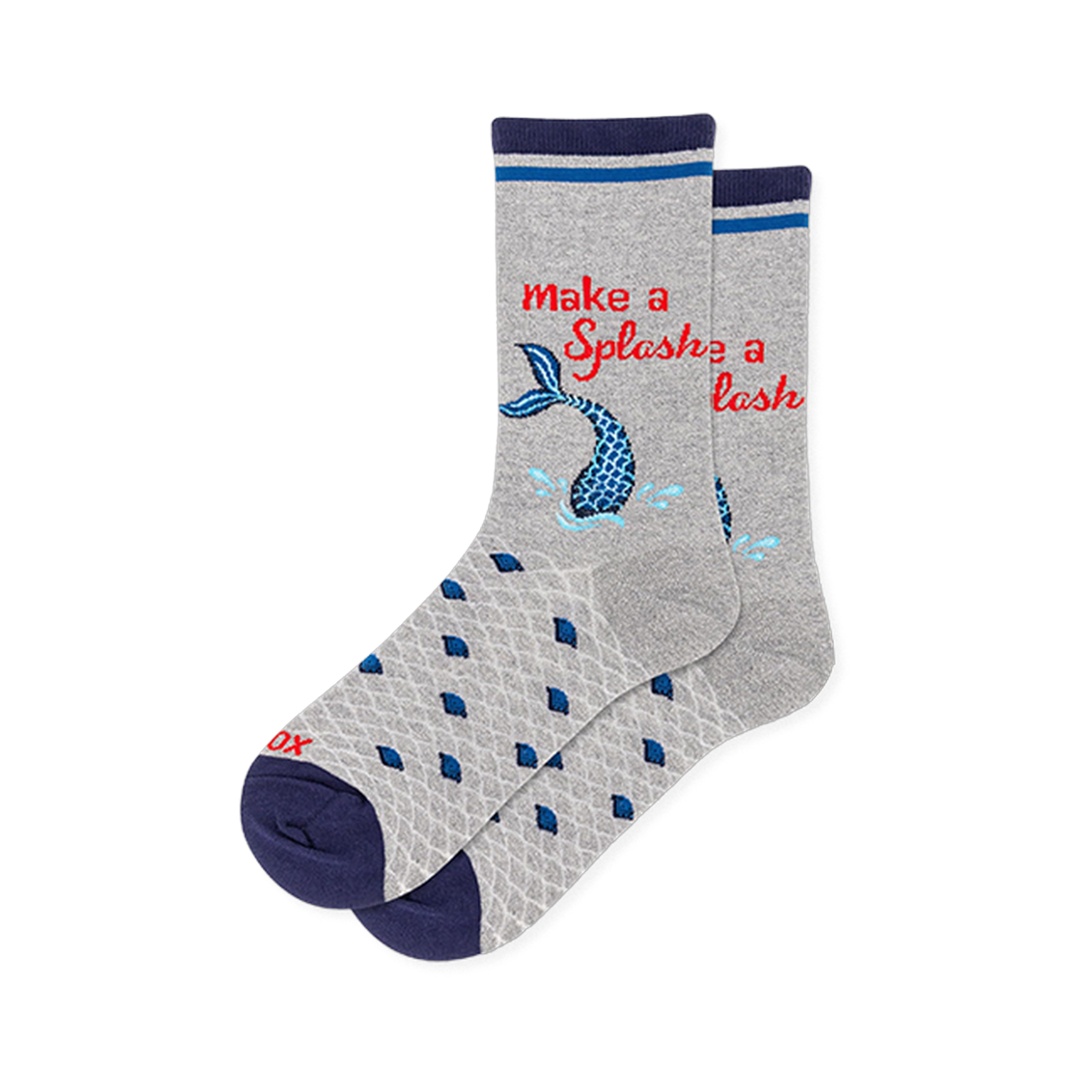 Light gray crew socks with a blue mermaid tail splashing, red Make a Splash text, gray scale patterns, and navy accents.