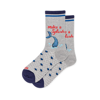 Light gray crew socks with a blue mermaid tail splashing, red Make a Splash text, gray scale patterns, and navy accents.