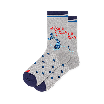 Light gray crew socks with a blue mermaid tail splashing, red Make a Splash text, gray scale patterns, and navy accents.