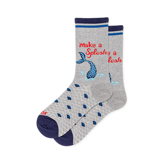 Light gray crew socks with a blue mermaid tail splashing, red Make a Splash text, gray scale patterns, and navy accents. }}
