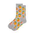 Light grey crew socks with a repeating pattern of bright orange round oranges with small green leaves.