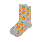 Light grey crew socks with a repeating pattern of bright orange round oranges with small green leaves.
