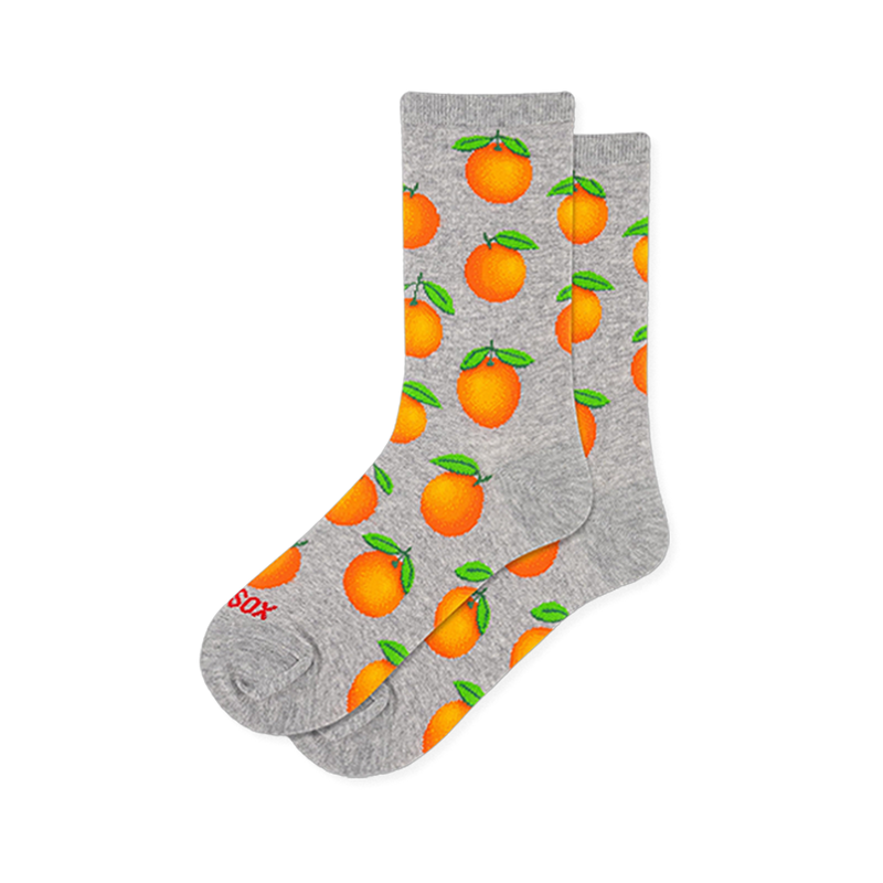 Light grey crew socks with a repeating pattern of bright orange round oranges with small green leaves.