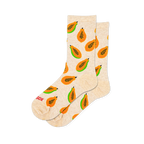 Light beige crew socks showing a pattern of sliced papayas with bright orange flesh, green rinds, and small black seeds.