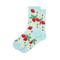 Light blue crew socks featuring an allover pattern of red strawberries, green leaves, white flowers, and yellow accents.