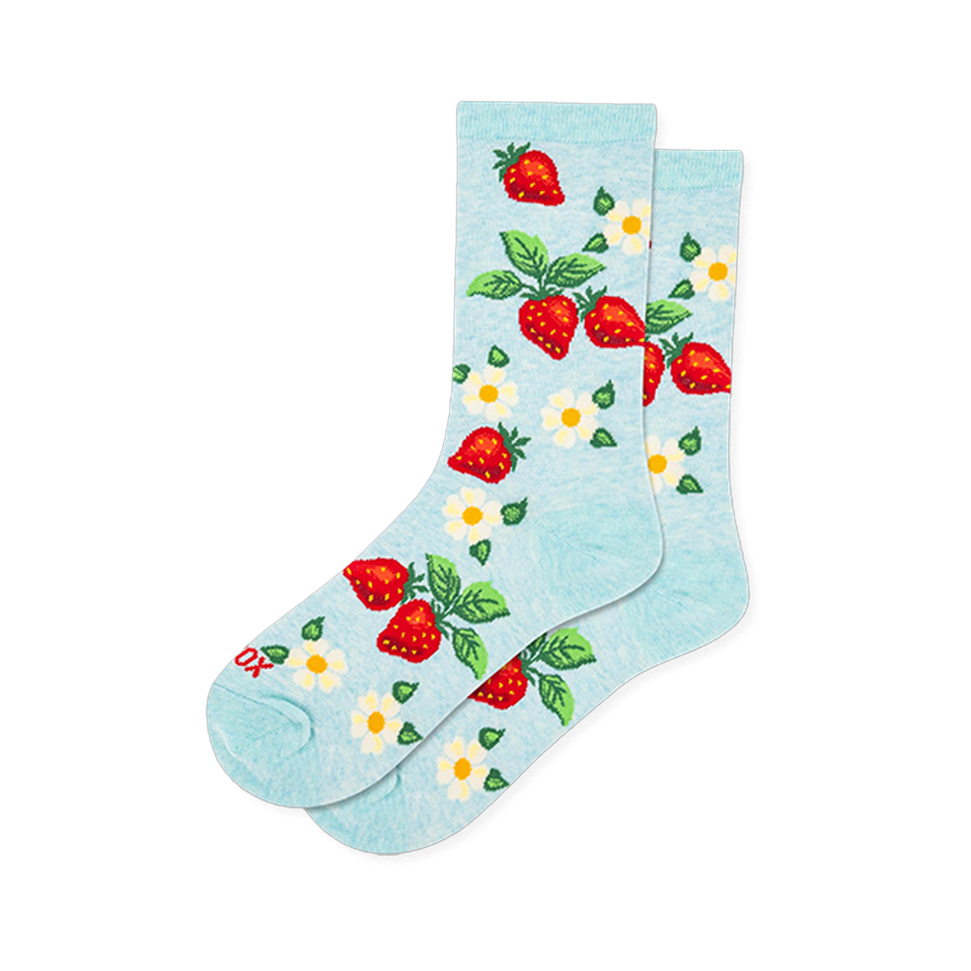Light blue crew socks featuring an allover pattern of red strawberries, green leaves, white flowers, and yellow accents.
