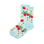 Light blue crew socks featuring an allover pattern of red strawberries, green leaves, white flowers, and yellow accents.