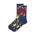 Navy blue crew socks with a pattern of pretzels and chip bags alongside bold red text reading lookin like a Snack.