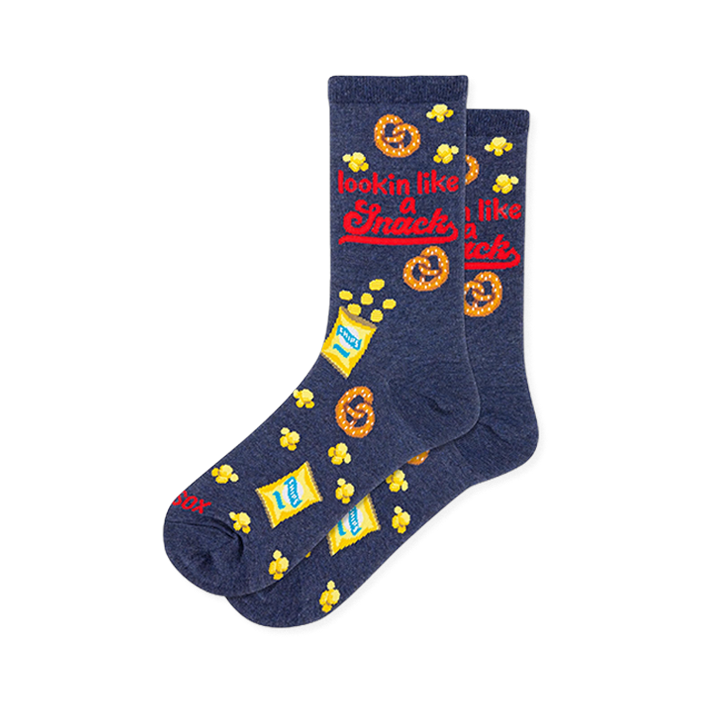 Navy blue crew socks with a pattern of pretzels and chip bags alongside bold red text reading lookin like a Snack.