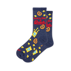 Navy blue crew socks with a pattern of pretzels and chip bags alongside bold red text reading lookin like a Snack.