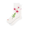White crew socks featuring a large pink and red lily floral graphic with a long green stem stretching down the side.