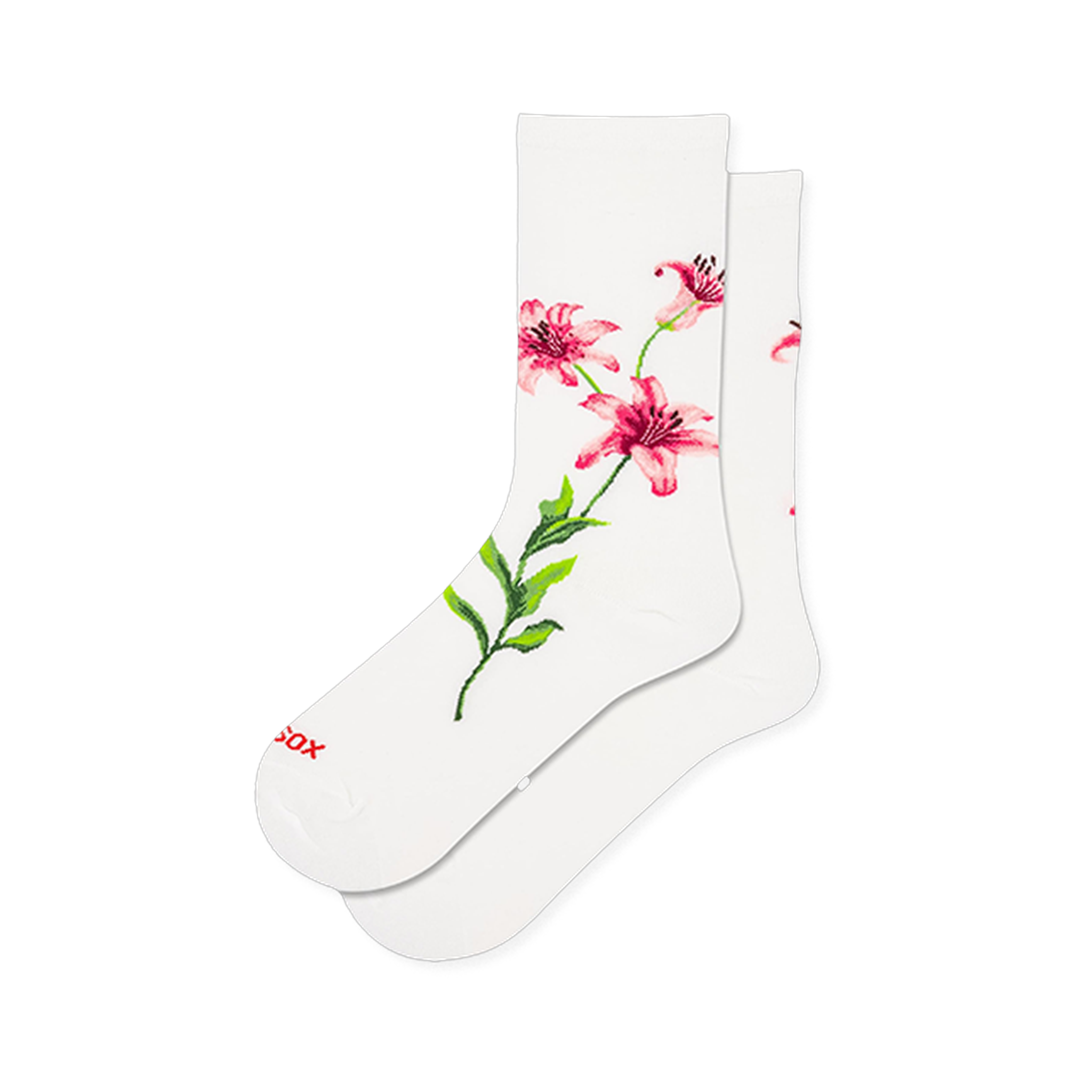White crew socks featuring a large pink and red lily floral graphic with a long green stem stretching down the side.