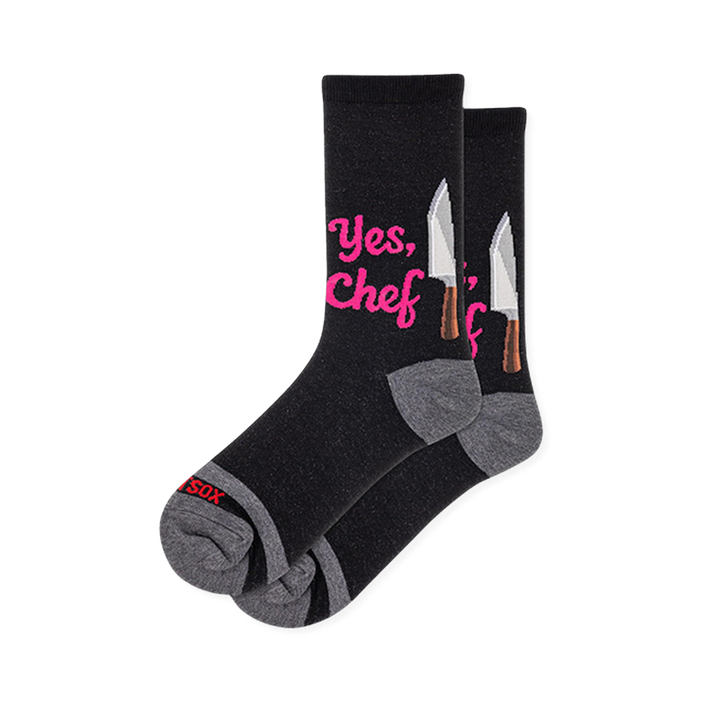 Black crew socks featuring bright pink Yes Chef text next to a silver chef knife graphic, complete with grey heels and toes.