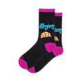 Black crew socks with blue Bonjour script above a croissant graphic, featuring hot pink accents on the heels and toes.