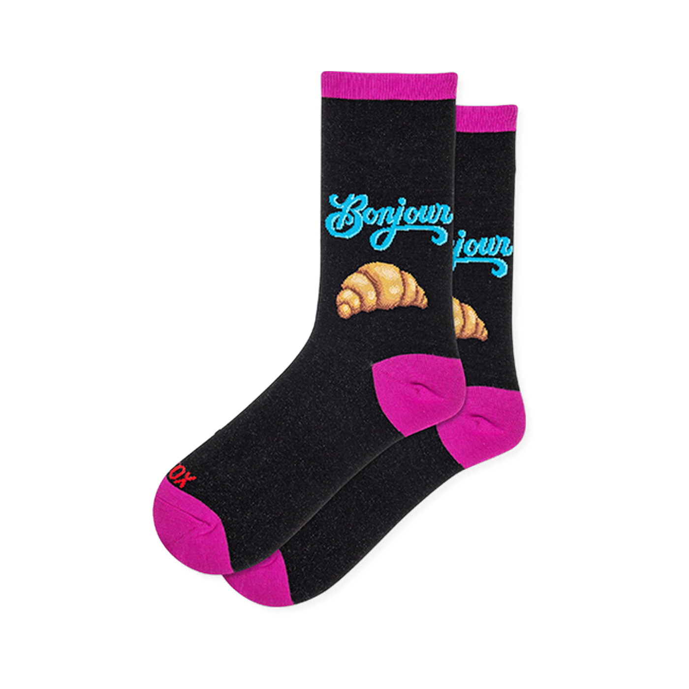 Black crew socks with blue Bonjour script above a croissant graphic, featuring hot pink accents on the heels and toes.