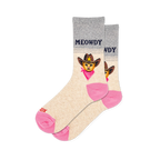 Heathered gray and cream crew socks featuring the word MEOWDY, pink heels and toes, and an orange cat wearing a cowboy hat.