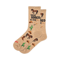Tan crew socks with the text TALK RODEO TO ME, patterned with brown horses, cowboy hats, lassos, and green cacti.