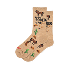 Tan crew socks with the text TALK RODEO TO ME, patterned with brown horses, cowboy hats, lassos, and green cacti.