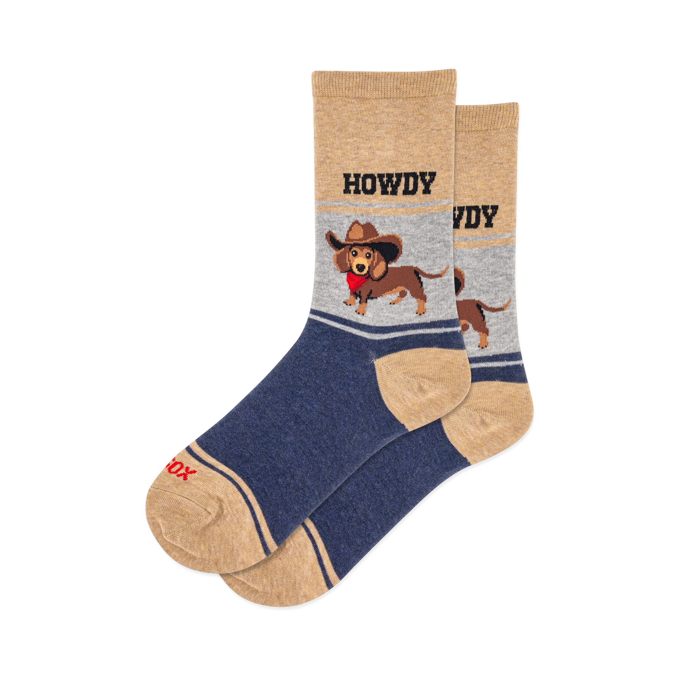 Howdy socks: tan, grey, and navy blue with a charming dachshund wearing a cowboy hat and red bandana.