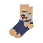Howdy socks: tan, grey, and navy blue with a charming dachshund wearing a cowboy hat and red bandana.