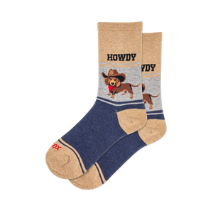 Howdy socks: tan, grey, and navy blue with a charming dachshund wearing a cowboy hat and red bandana.