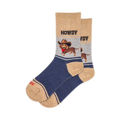 Howdy socks: tan, grey, and navy blue with a charming dachshund wearing a cowboy hat and red bandana.