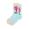 Light blue heathered socks with a pink and yellow floral bouquet tied with a purple bow above the word Mom in black script.