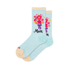 Light blue heathered socks with a pink and yellow floral bouquet tied with a purple bow above the word Mom in black script.