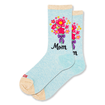 Light blue heathered socks with a pink and yellow floral bouquet tied with a purple bow above the word Mom in black script.