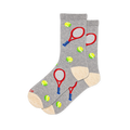 Grey crew socks patterned with red tennis rackets, neon green balls, and cream-colored heels and toes.
