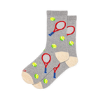 Grey crew socks patterned with red tennis rackets, neon green balls, and cream-colored heels and toes.