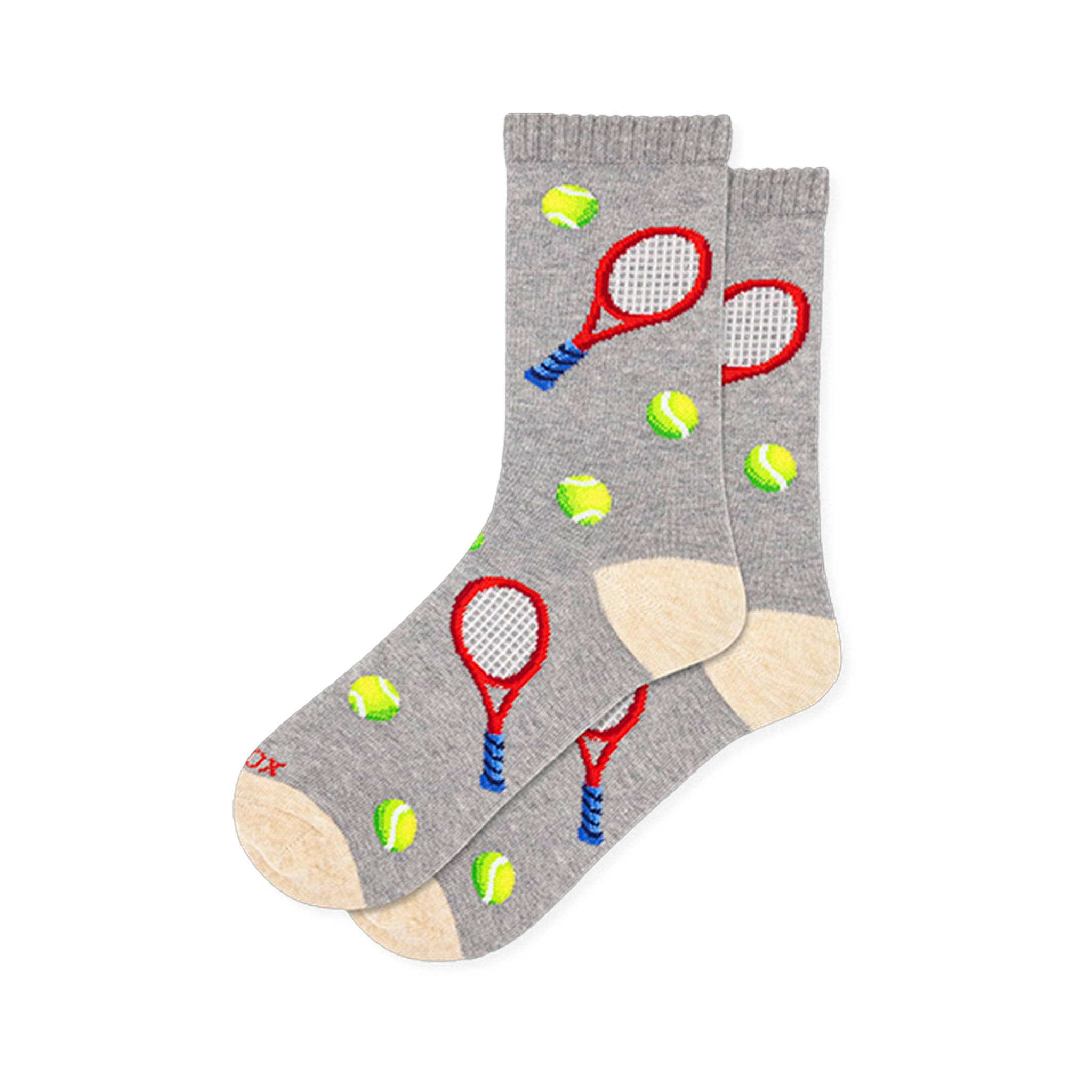 Grey crew socks patterned with red tennis rackets, neon green balls, and cream-colored heels and toes.