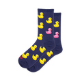 Dark navy blue crew socks featuring a pattern of yellow rubber ducks with orange beaks and one bright pink rubber duck.