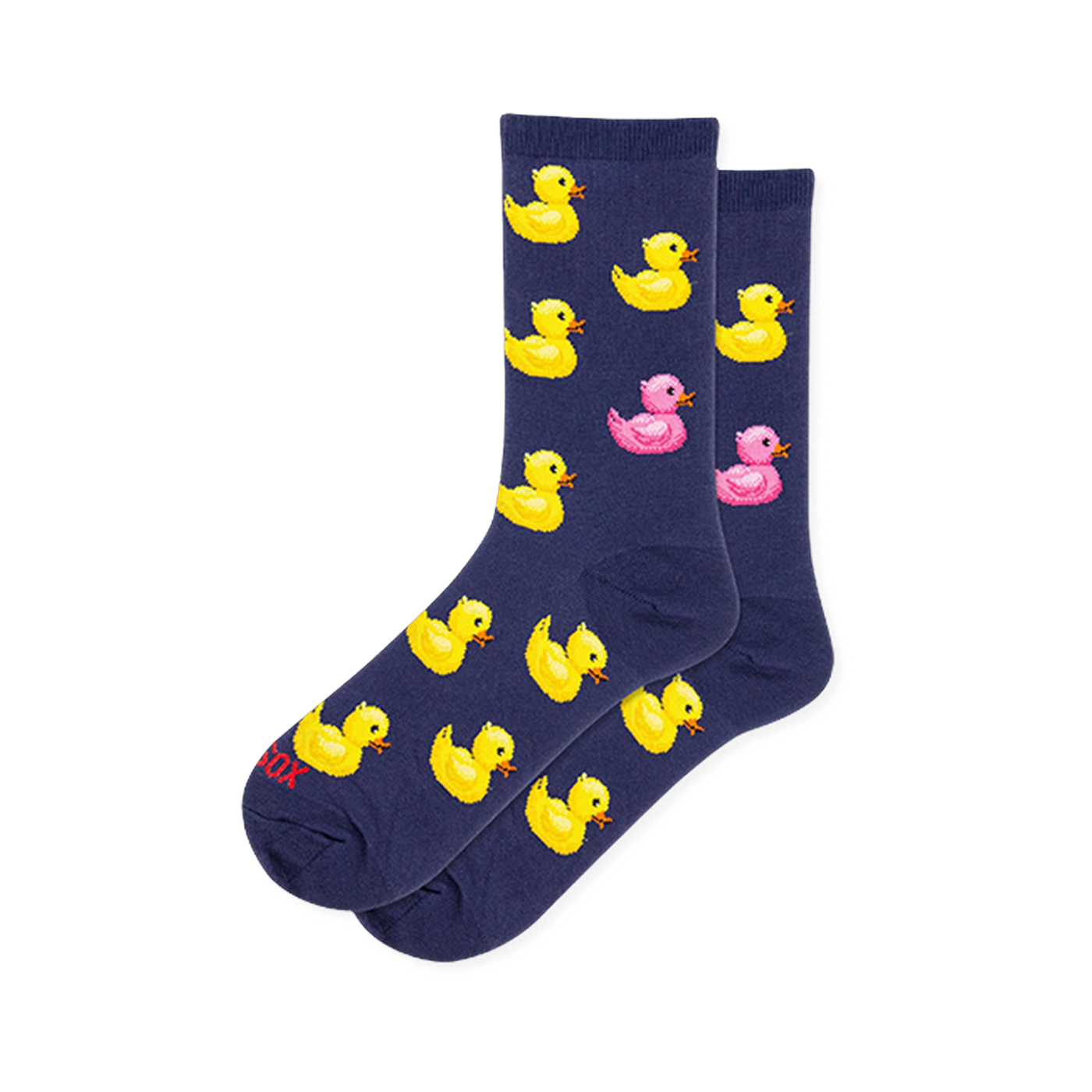 Dark navy blue crew socks featuring a pattern of yellow rubber ducks with orange beaks and one bright pink rubber duck.