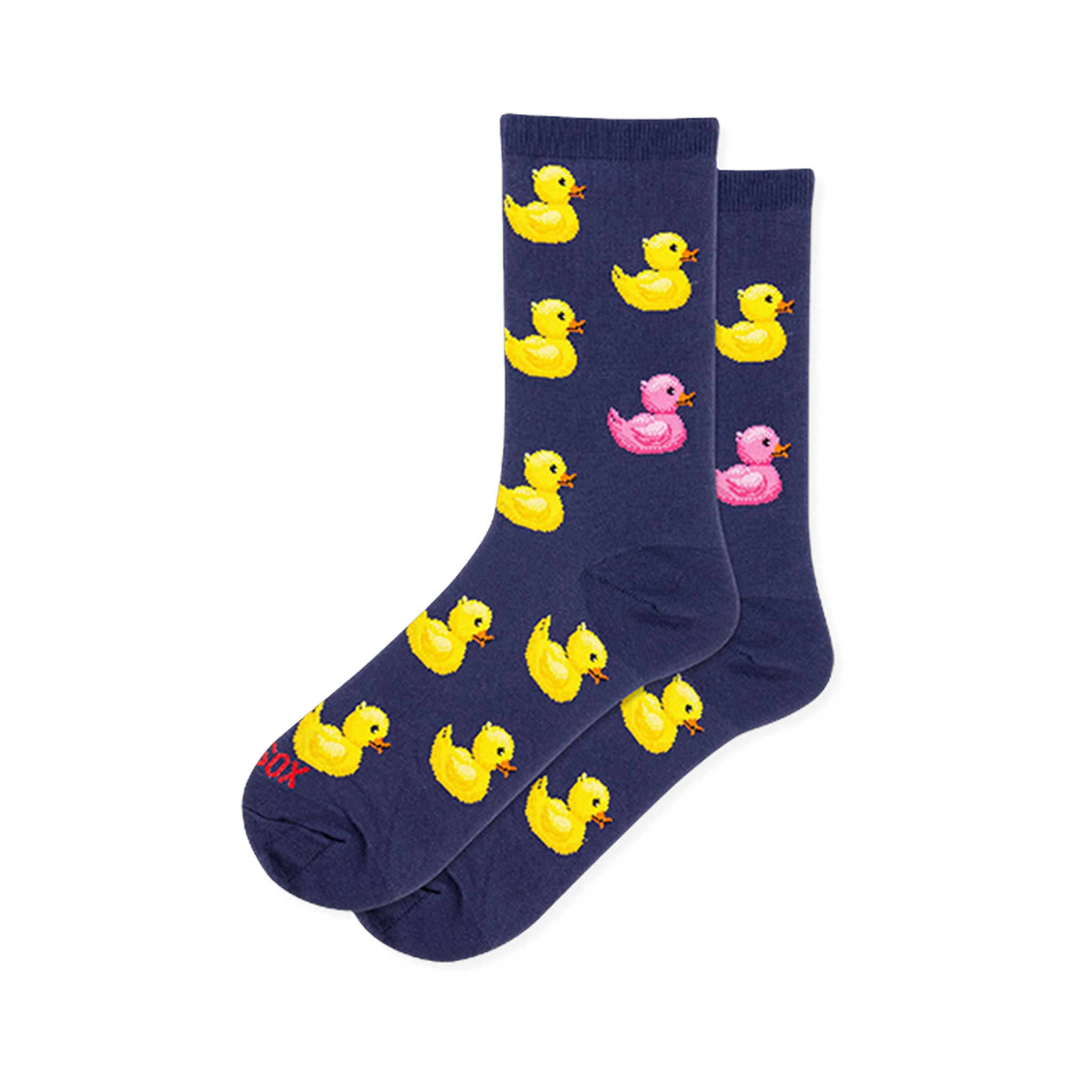 Dark navy blue crew socks featuring a pattern of yellow rubber ducks with orange beaks and one bright pink rubber duck.