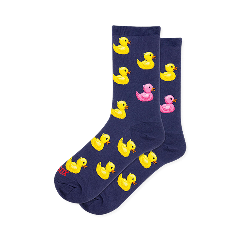 Dark navy blue crew socks featuring a pattern of yellow rubber ducks with orange beaks and one bright pink rubber duck.