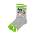 Heather grey crew socks with bright green accents, black Queen of the Green text, and a crowned golf ball on a pink tee.