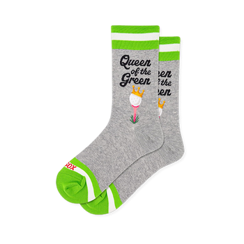 Heather grey crew socks with bright green accents, black Queen of the Green text, and a crowned golf ball on a pink tee.