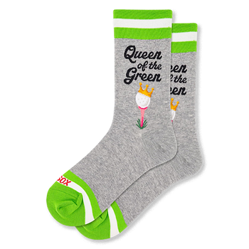 Heather grey crew socks with bright green accents, black Queen of the Green text, and a crowned golf ball on a pink tee.