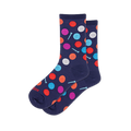 Navy blue crew socks covered in bright colorful dimpled golf balls in pink, red, orange, white, and blue, with small tees.