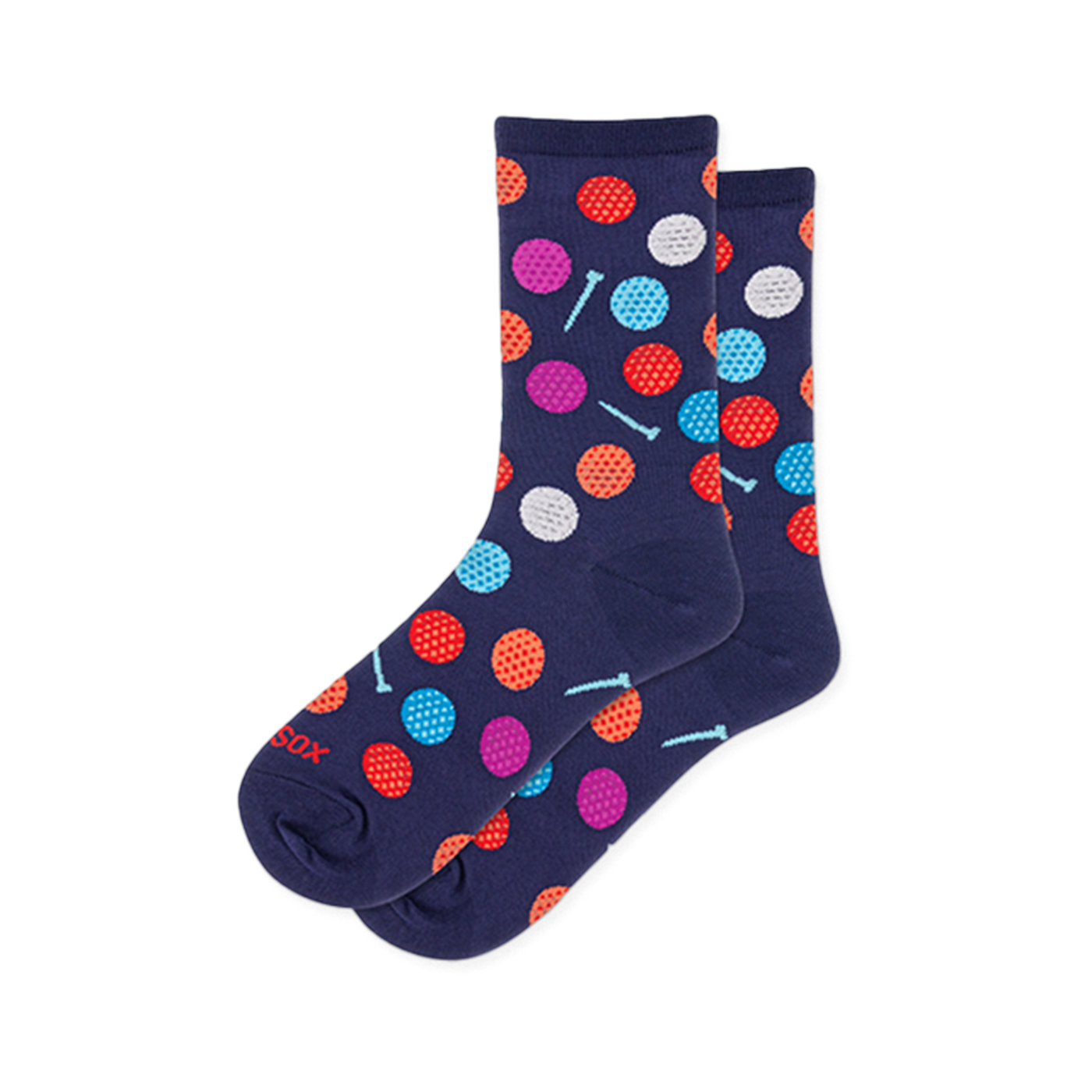 Navy blue crew socks covered in bright colorful dimpled golf balls in pink, red, orange, white, and blue, with small tees.