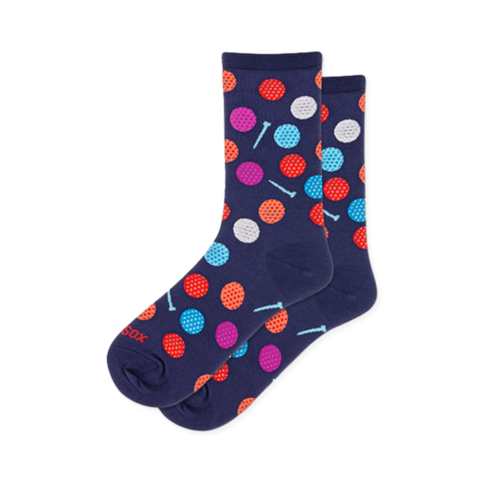 Navy blue crew socks covered in bright colorful dimpled golf balls in pink, red, orange, white, and blue, with small tees.
