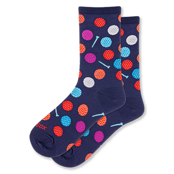 Navy blue crew socks covered in bright colorful dimpled golf balls in pink, red, orange, white, and blue, with small tees.