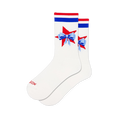 White active crew socks featuring red and blue athletic stripes at the cuff and a red star graphic topped with a blue bow.