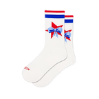 White active crew socks featuring red and blue athletic stripes at the cuff and a red star graphic topped with a blue bow.