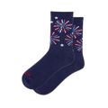 Navy blue active crew socks showing red, white, and light blue firework bursts with scattered white stars on the leg.