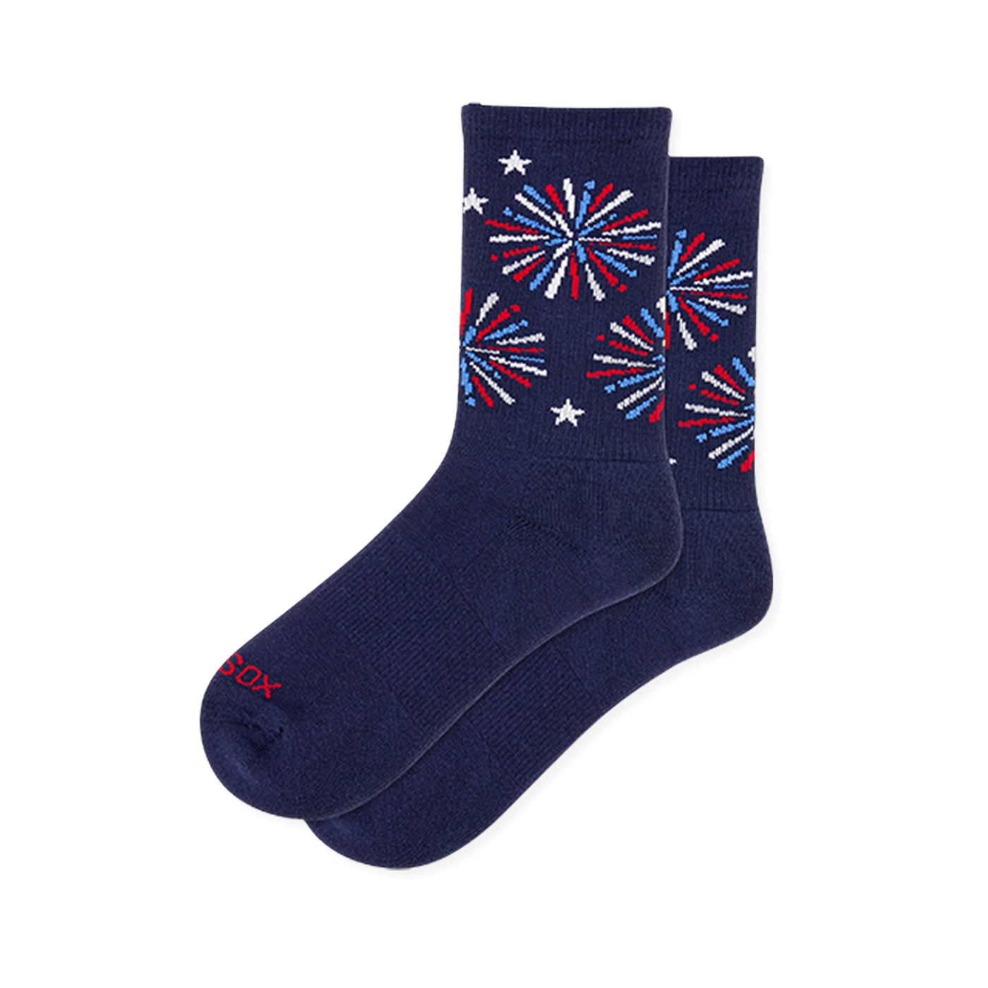 Navy blue active crew socks showing red, white, and light blue firework bursts with scattered white stars on the leg.