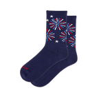 Navy blue active crew socks showing red, white, and light blue firework bursts with scattered white stars on the leg.
